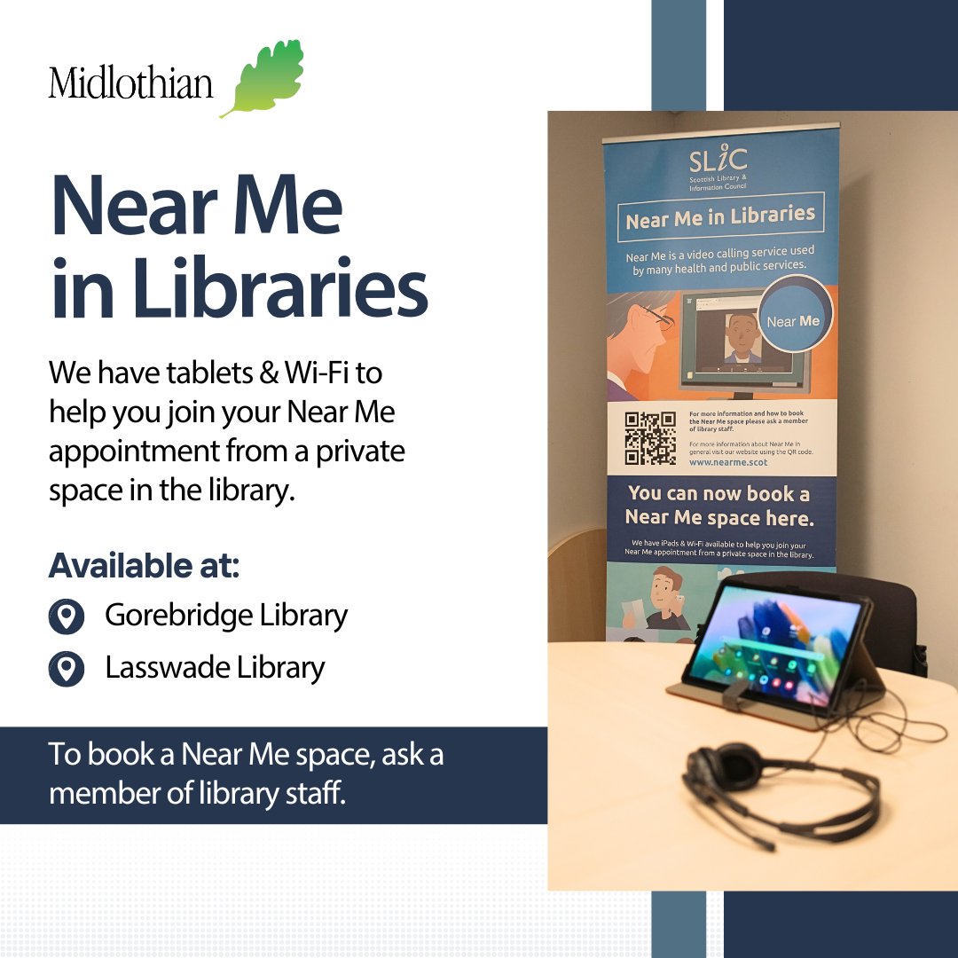 MidLibraries's tweet photo. Did you know that Near Me facilities are now available at #Lasswade Library AND #Gorebridge Library?
Patients can now book a quiet room to attend their Near Me appointment.
For more info, please the libraries: https://t.co/5sgbcz8qN0 https://t.co/zpXdzSYhHg