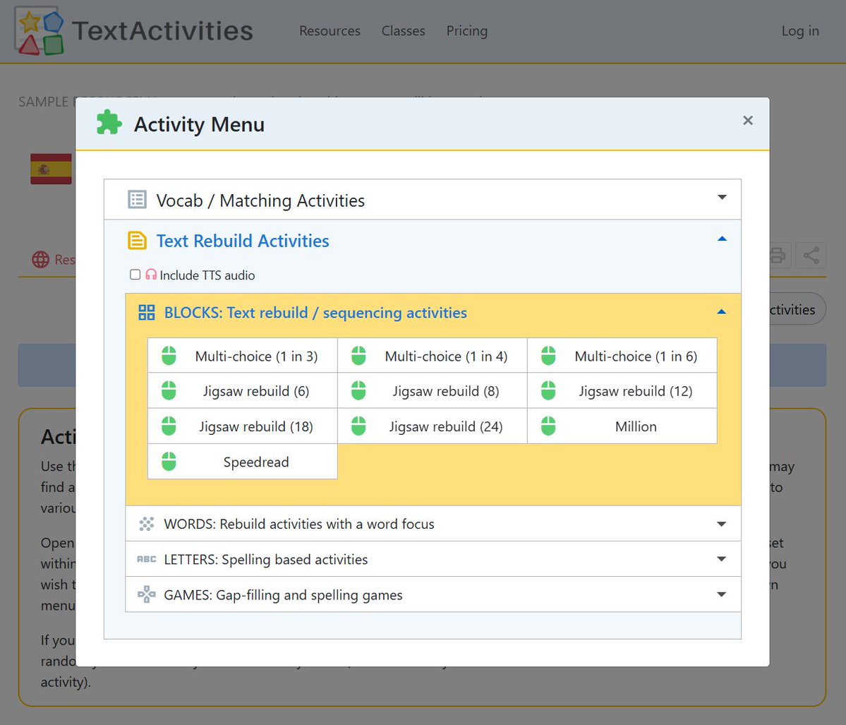 TextActivities's tweet image. Click on "Activity View" to access the activity menu, which provides access to 100+ interactive activity configurations: text-rebuild, translation, dictation, vocab games, etc. #mfltwitterati #flteach #langchat