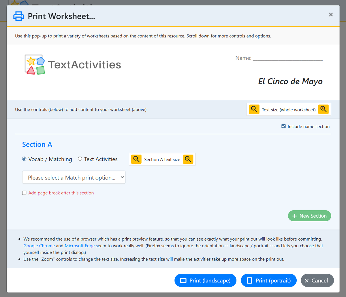 TextActivities's tweet image. There is also a print button which allows you to print or "save as pdf" all sorts of printable activities based on the text and the vocab. #mfltwitterati #flteach #langchat