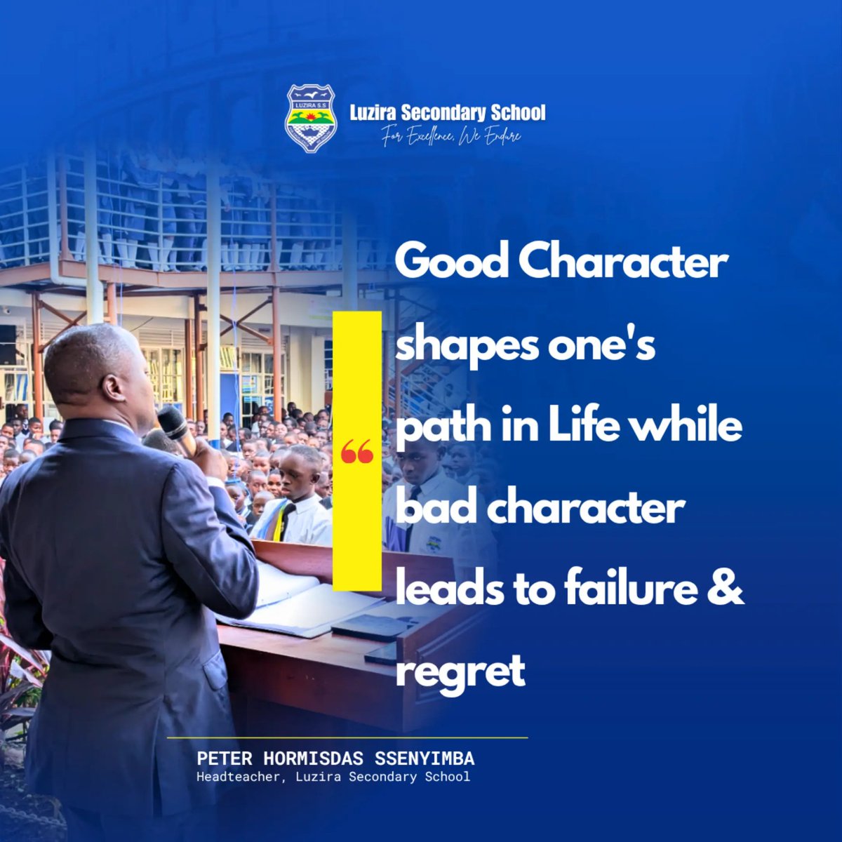 LuziraSecSch's tweet photo. A powerful reminder from our Headteacher, Mr. Peter Hormisdas Ssenyimba, during assembly today.
#LuziraSecondarySchool #ForExcellenceWeEndure #CharacterMatters #SchoolAssembly #HolisticEducation #DisciplineAndExcellence https://t.co/sJAgr8r7N1