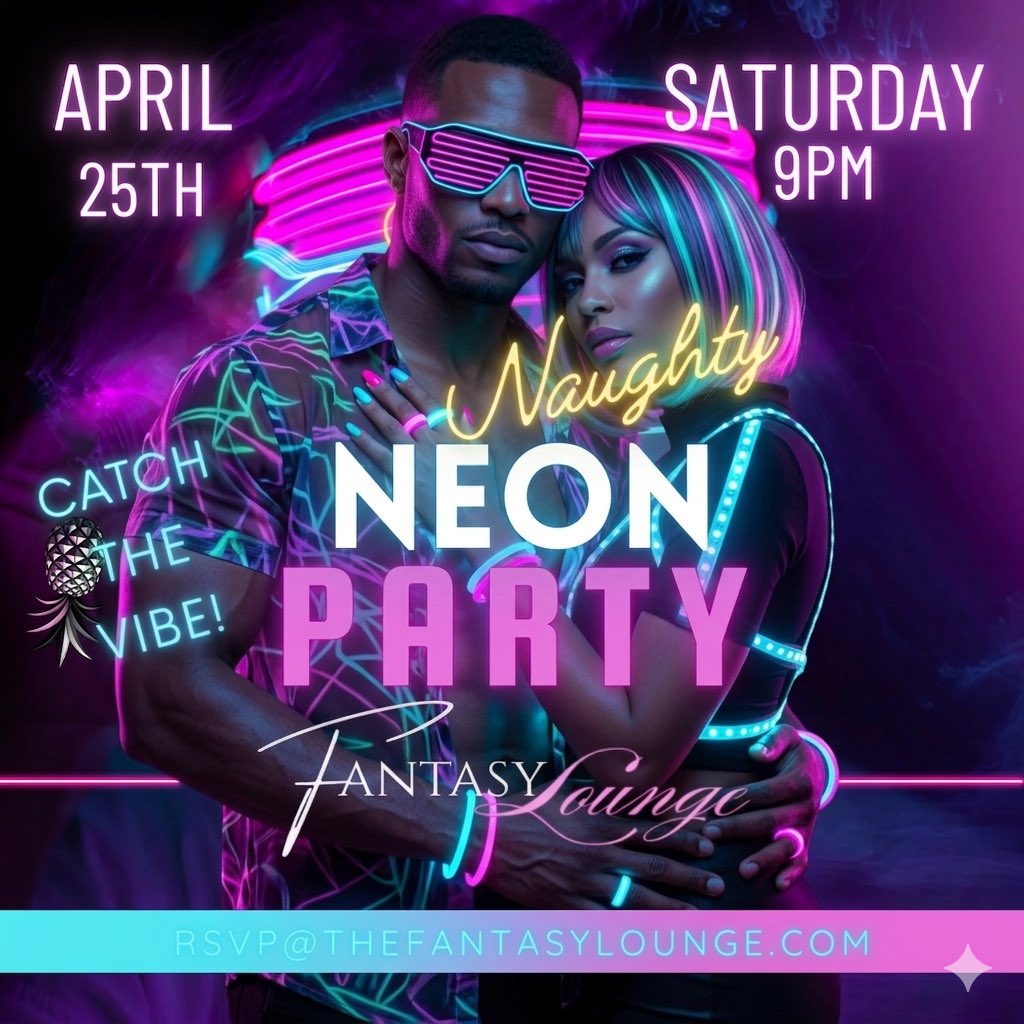 FantasyLoungeKC's tweet photo. The countdown is in single digits. 🔮✨ Tomorrow night, we dim the lights and turn up the neon. The most vibrant community vibe in the city is happening at Fantasy Lounge. 🍍 📍 Sat, April 25 | 9PM
📩 RSVP: RSVP@THEFANTASYLOUNGE.COM #NeonParty #FantasyLounge #SDC #CatchTheVibe https://t.co/Kxaq5TnnCu