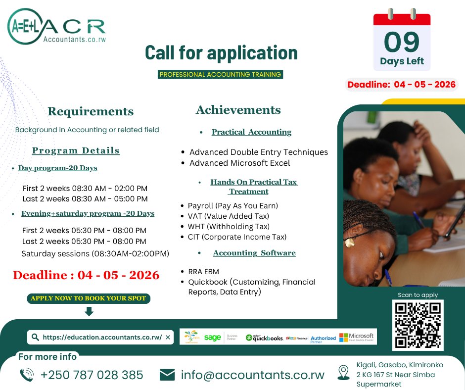 AccountantsRw's tweet photo. Level up your accounting career with our training program! master the art of accounting. 

#CareerGrowth #AccountingSkills #ApplyNow #FutureAccountants #kigalirwanda

Click here to apply: https://t.co/EYVT2NjtJq

For more details: +250 787 028 385 | Email: info@accountants.co.rw https://t.co/bWKTMguG4h