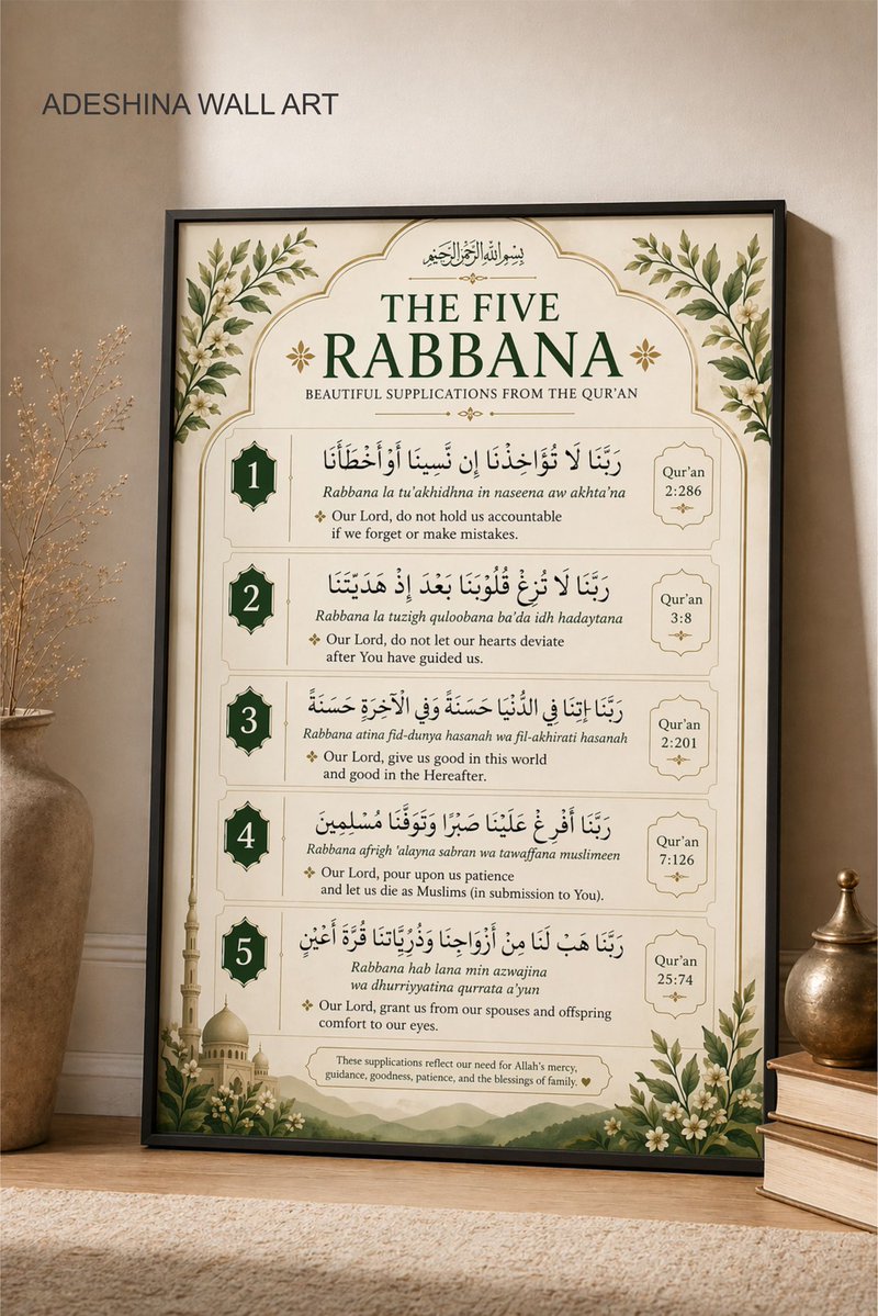 AdeshinaArt's tweet image. A daily reminder of  du’a and peace🕌
 The five Rabbanal Wall Art, perfect for every Muslim home 🖼️💫

Available on order 
Send a Dm to get yours 

#wallartforsale #wallart #artwork