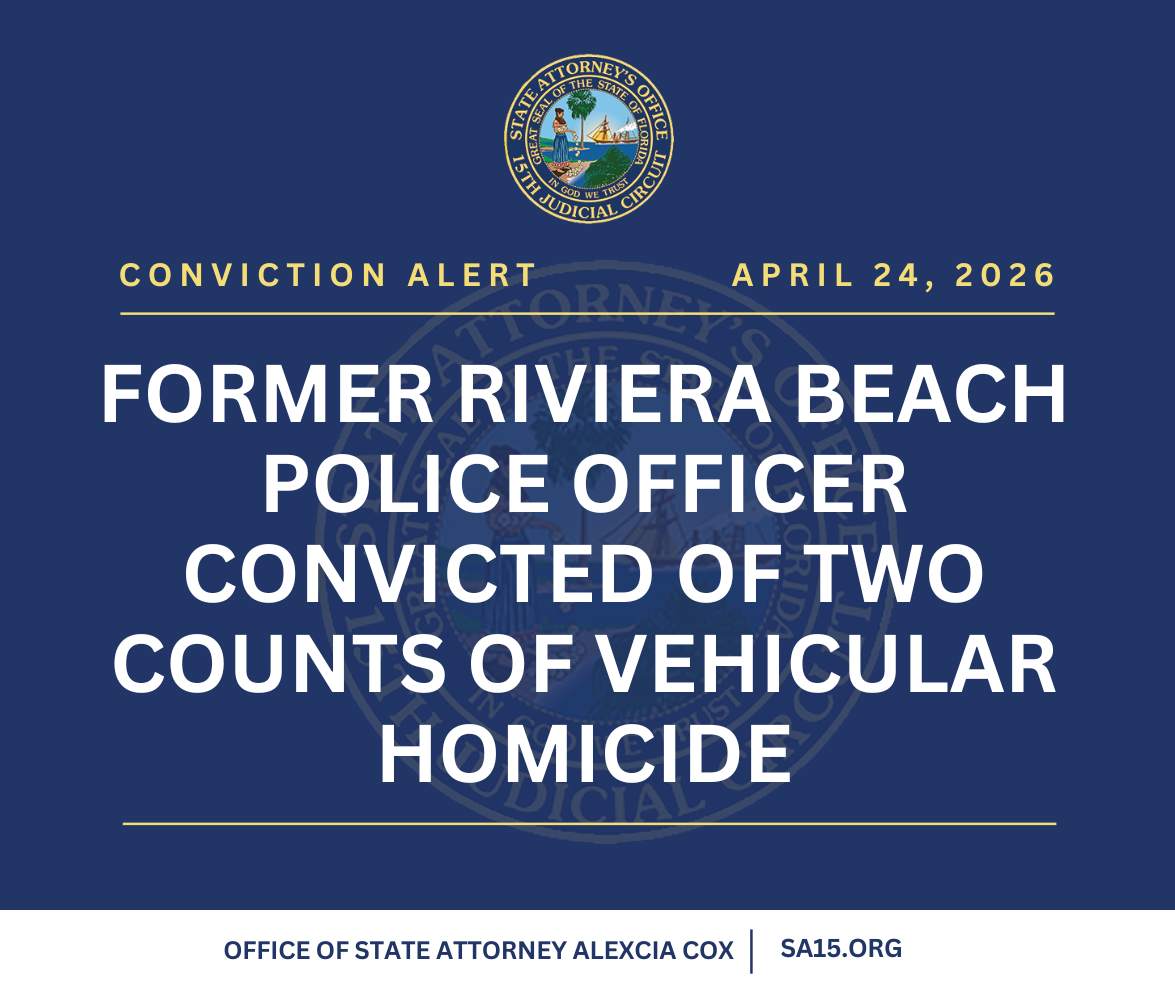 StateAttorney15's tweet photo. A jury on Thursday convicted a former Riviera Beach Police officer who was driving at extreme speeds when he crashed his patrol car and killed two people in the city, Palm Beach County State Attorney Alexcia Cox announces.

After a four-day trial, Carl Johnson was found guilty of two counts of vehicular homicide in a crash that occurred at about 1 a.m. on June 18, 2023.

Evidence showed the defendant’s marked Dodge Charger was traveling 94 mph — nearly three times the posted speed limit of 35 mph, and without its lights and siren activated — before colliding with the victims’ car at the intersection of Australian Avenue and West 13th Street. The 43-year-old driver and 29-year-old front-seat passenger died from injuries sustained in the crash.

The case was investigated by the @PBCountySheriff and prosecuted by Assistant State Attorneys Francine Edwards and Brooke Soloway of our Traffic Homicide Unit.

A sentencing hearing is scheduled for July 7.