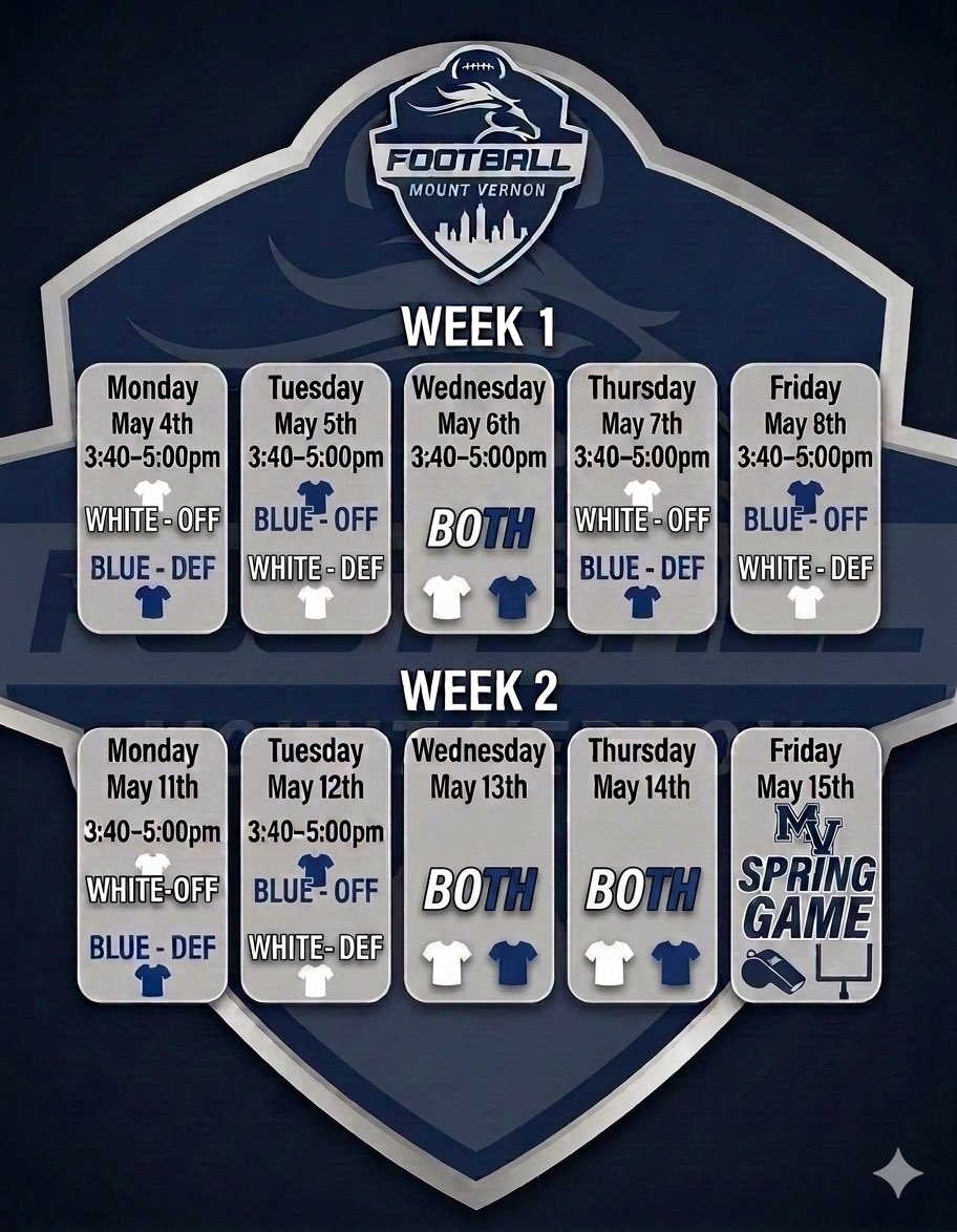 Mustangs_MVFB's tweet photo. Mount Vernon Spring Practice schedule. @TEwracademy #MVFootball https://t.co/up1AHcU6x8