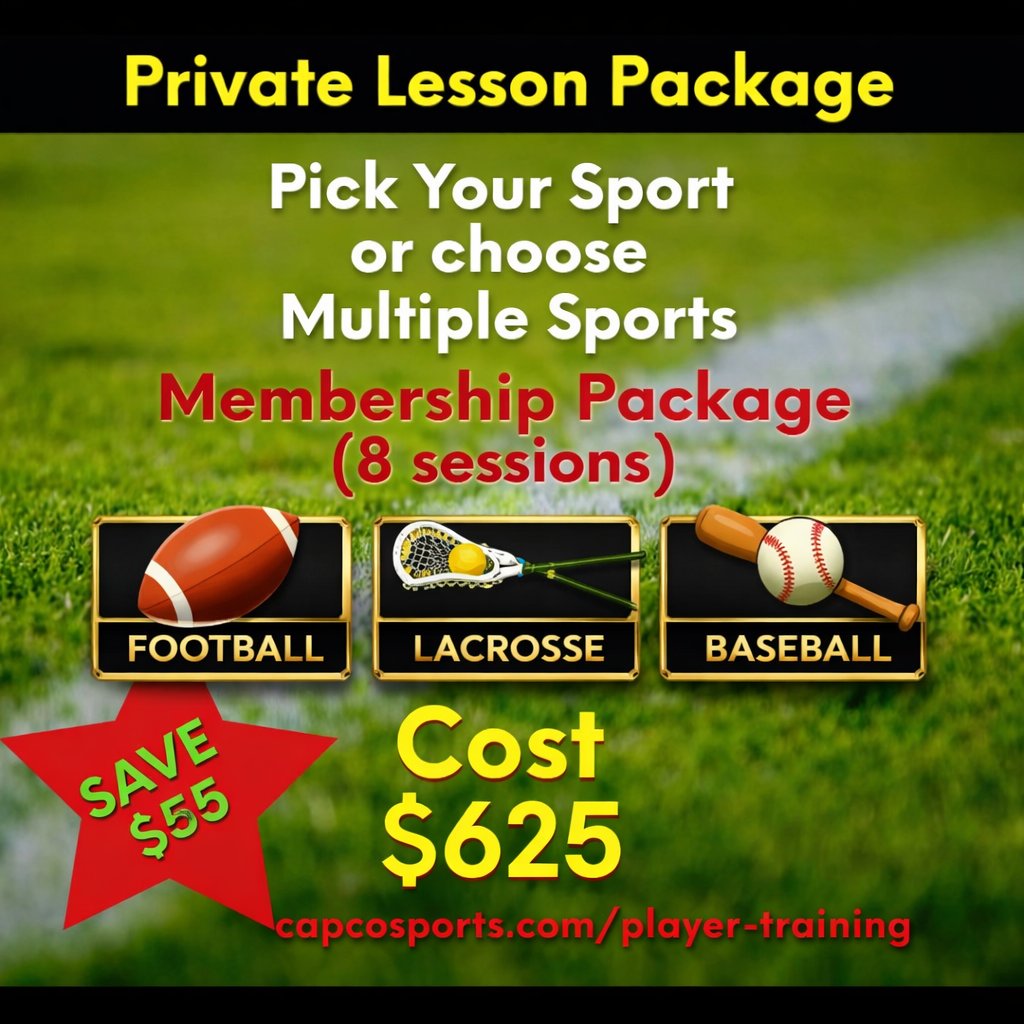 CAPCOsports's tweet image. 📷 Private Lesson Package — Football • Lacrosse • Baseball 📷
Choose your sport or train across all three!
8 sessions • $625 • SAVE $55
Spots fill fast — lock in your CAPCO Sports membership today.
‑trainingcapcosports.com/player
#footballtraining #LacrosseTraining #baseballtraining