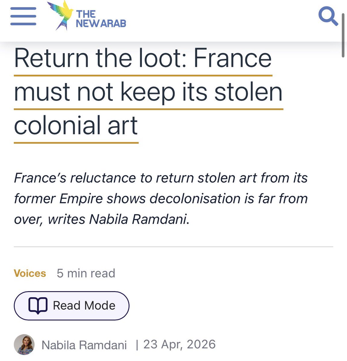 NabilaRamdani's tweet photo. My OpEd for @The_NewArab: Former #colonisers should return #stolen colonial #art, apologise profusely, &amp; offer appropriate #reparations to the proud peoples they exploited for so long. This is not a leftist complaint. It is a basic one about #justice. 🇩🇿🇫🇷
https://t.co/KM79zQwGHJ https://t.co/KkXrJAg9tI