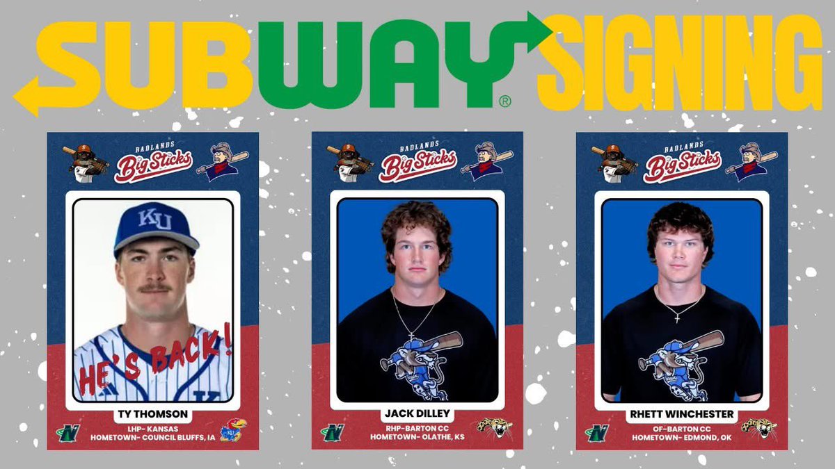 BadlandsBigStix's tweet photo. SUBWAY SIGNING! These dudes love them some SUBWAY! Please welcome to the BADLANDS @TyThomson31 from @KUBaseball and @Dilley1Jack &amp; @RhettWinchester from @Barton_Baseball ! See y'all at DCB&amp;T Ballpark in a MONTH! https://t.co/60Kmw9ANKS