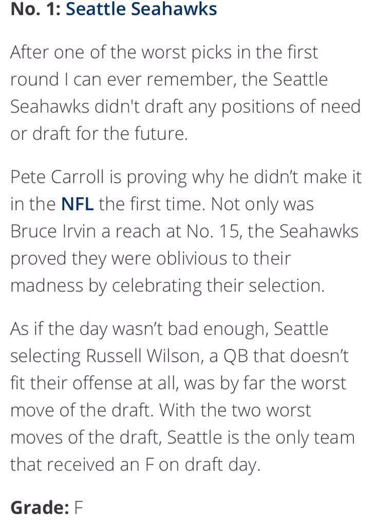 Never forget when Bleach Report gave the Seahawks an F GRADE for their 2012 draft class:

- Bruce Irvin
- Bobby Wagner
- Russell Wilson
- Robert Turbin
- Jeremy Lane
- J.R. Sweezy