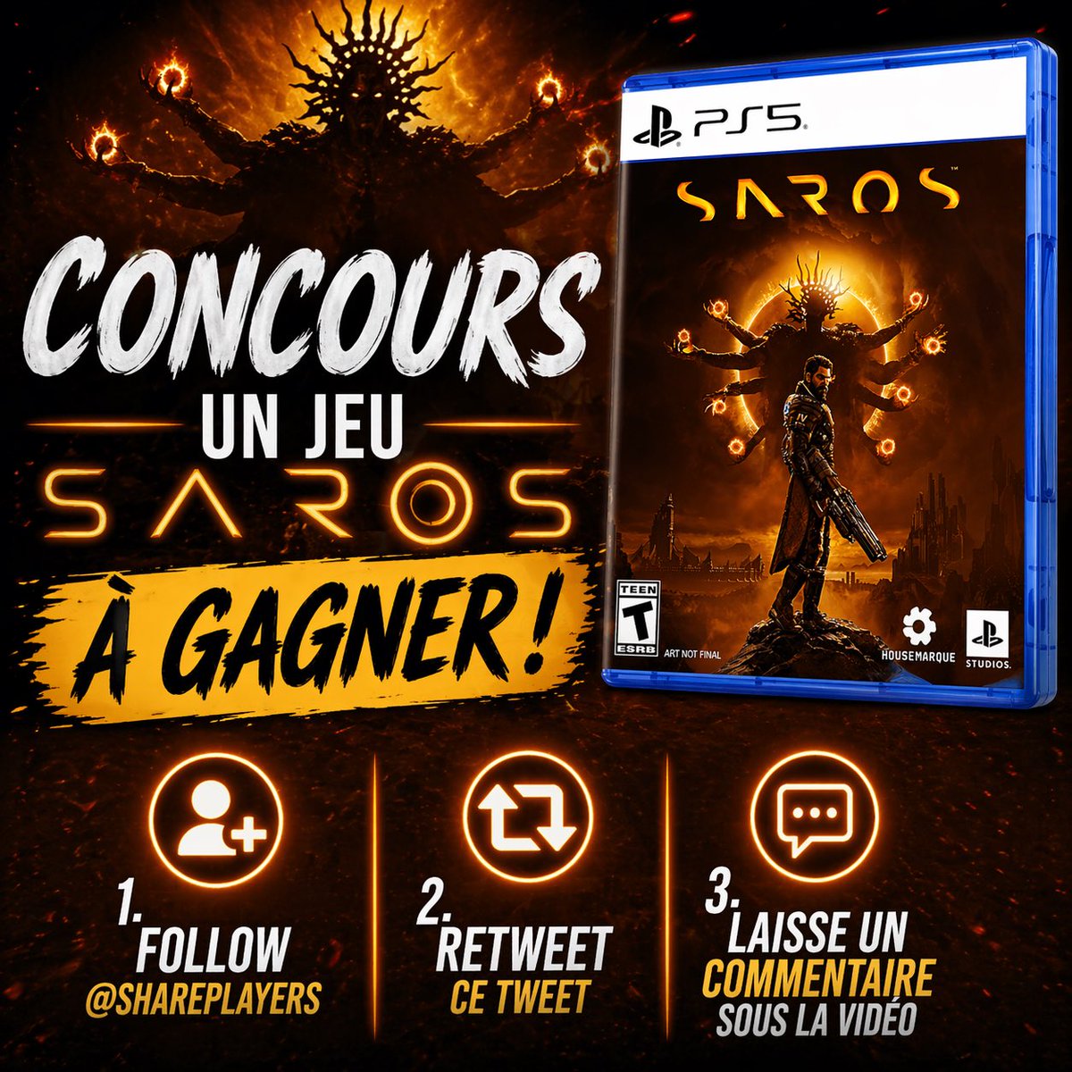 TheSharePlayers's tweet image. 🎁 CONCOURS SAROS 🎮

1 jeu SAROS sur PS5 à gagner !!!🔥

Pour participer :

➡️ Follow The Share Players
🔄 RT ce tweet
✍️ Laisse un commentaire sous la vidéo du test 

🎥 Mon test : youtu.be/OTOW0O4ZpxI?si…

TAS le jour de la sortie du jeu !!

#concours #bonplan #saros #ps5