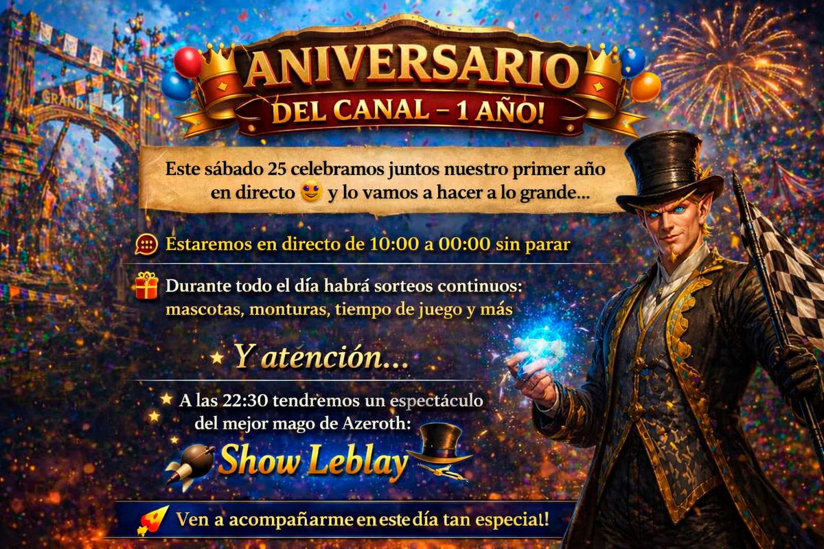 GoldRoadTv's tweet photo. 🔥 ¡Este sábado celebramos 1 AÑO del canal! Directazo de 10:00 a 00:00, sorteos todo el día y un show especial de @ShowLeblay a las 22:30. Se viene un día increíble ✨ 

#Warcraft #WoW #WorldOfWarcraft

https://t.co/JGG7qyYPHN https://t.co/JIQhDcgqVe