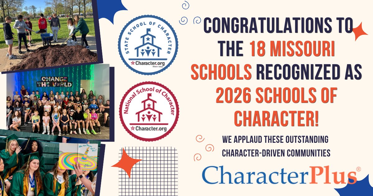 CharacterPlus's tweet photo. Last week, @CharacterDotOrg announced its 2026 State &amp; National Schools of Character and 18 of 103 schools recognized globally are from Missouri, with many earning both honors, several repeat recipients, and many partnering with CharacterPlus.

#CharacterPlus #SchoolsOfCharacter https://t.co/pP6P81sdqa