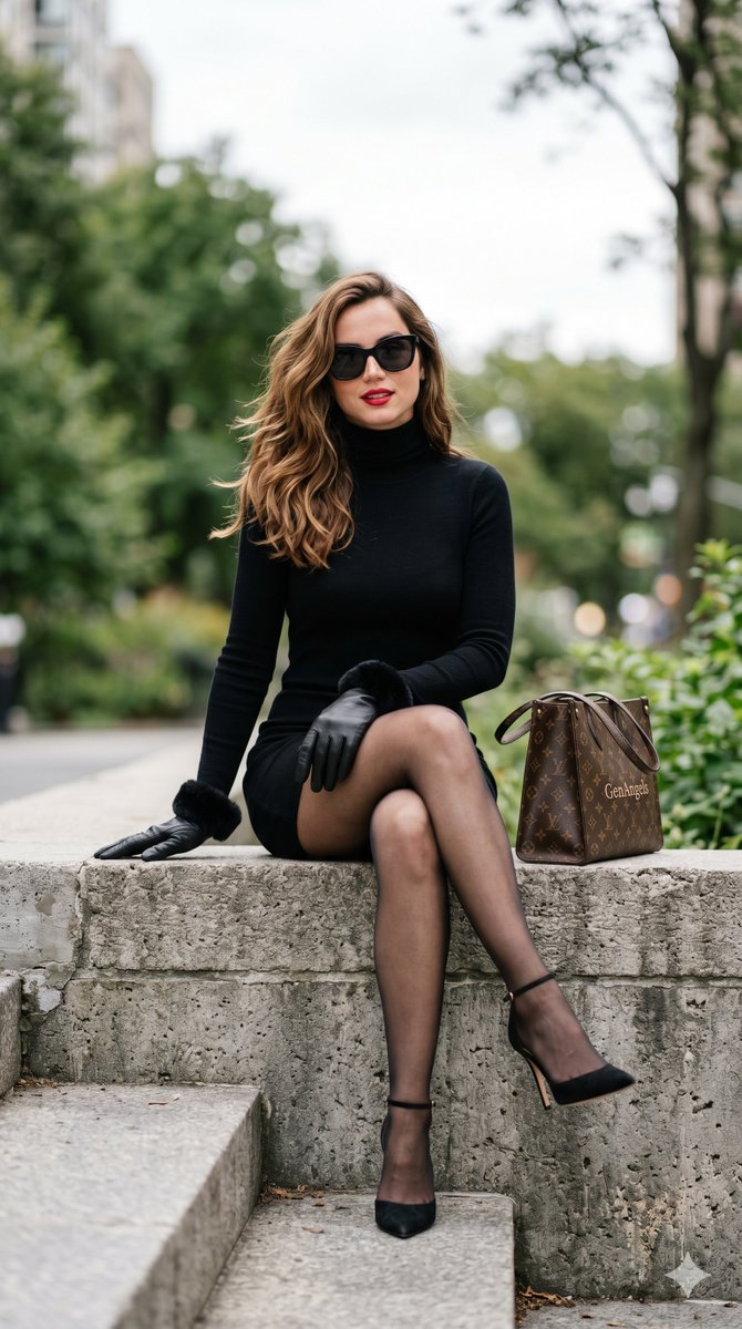 AFantagirl85190's tweet image. #AnaDeArmas #nanobananapro #GrokAI #CinematicAI #AIModel #FreePrompts:

A poetic portrait of an elegant woman, seated with composed grace on a raw concrete step. She is adorned in an entirely black ensemble: a sleek ribbed turtleneck dress, sheer hosiery, and pointed-toe heels.