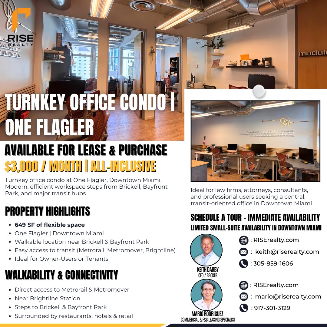 Rise_Realty's tweet image. Downtown Miami 📍649 SF turnkey office at One Flagler. 

No buildout—move in and get to work. 

Steps from Brickell + transit.$3K/mo | All-in
Also for sale

Tour it: riserealty.com
#DowntownMiami #OfficeSpace #CRE #MiamiBusiness #TurnkeyOffice