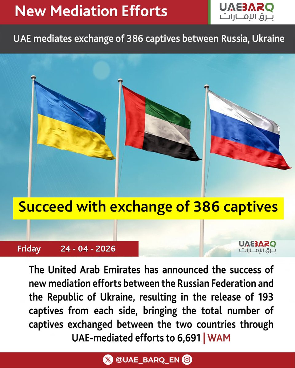 UAE_BARQ_EN's tweet image. Latest #UAE mediation efforts succeed with exchange of 386 captives between #Russia, #Ukraine.

#UAE_BARQ_EN