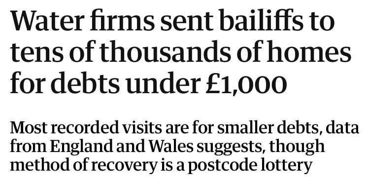 Only 5 directors of water companies have been prosecuted for their crimes in the last 30 years. 

They can poison rivers for years and walk away. But fall behind on a payment and it’s bailiffs at your door. 

Impunity for them. Enforcement for us.