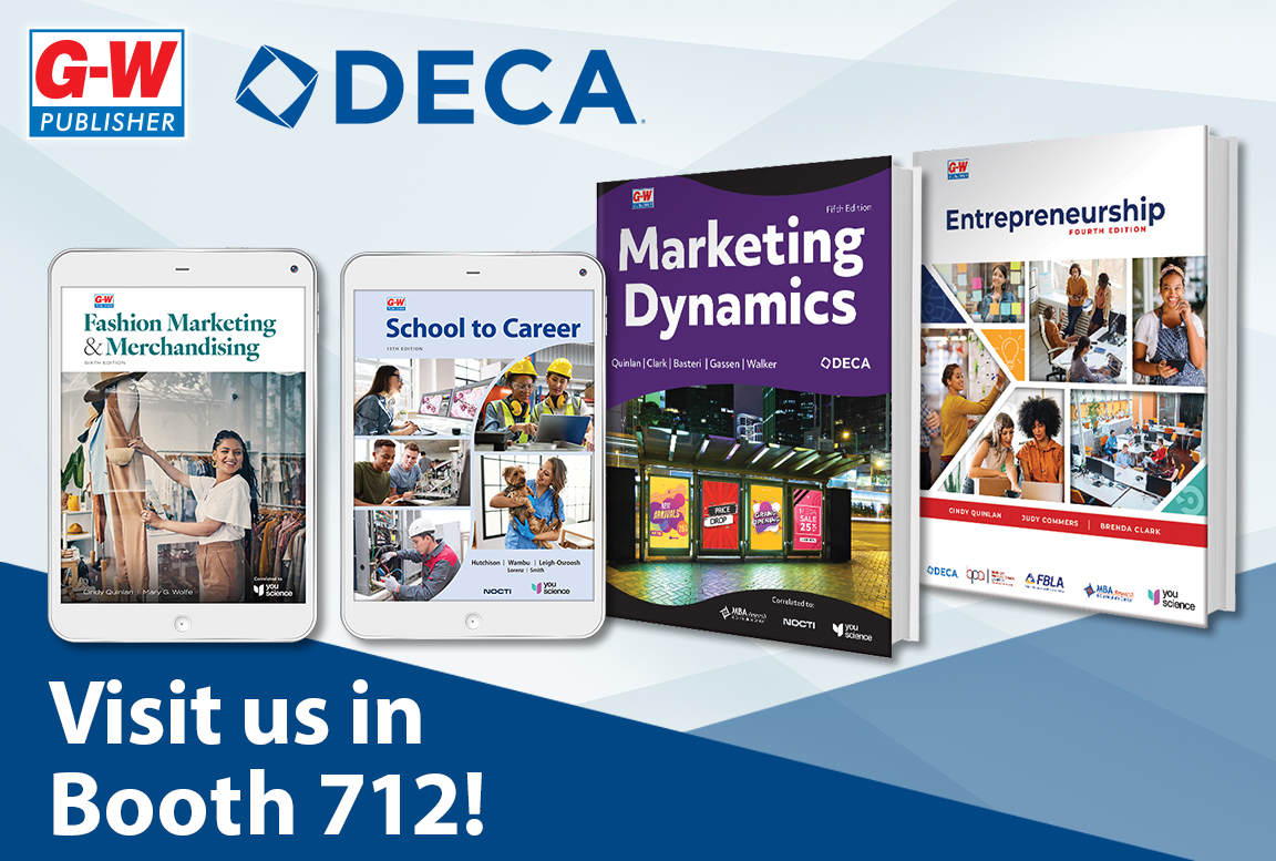 GWPublisher's tweet image. We’re headed to DECA ICDC in Atlanta to join @DECAInc as 25,000+ members showcase college &amp;amp; career-ready skills through Competitive Events &amp;amp; Emerging Leader Series🌟
Visit booth 712 to say hi &amp;amp; talk careers, collaboration, &amp;amp; creativity! 🚀📚
#DECAICDC #FutureLeaders #CareerReady