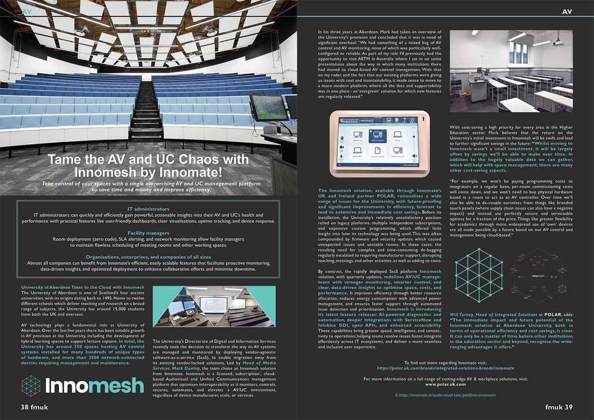 FMUKmagazine1's tweet image. Latest Issue 📰: Take control of your spaces with a single overarching #AV and #UC management platform to save time and money and improve #efficiency with Innomesh by Innomate.

➡️fmuk-online.co.uk/tame-the-av-an…
@polaruksocial 
#facman #FacilitiesManagement #buildings #CostSavings #tech