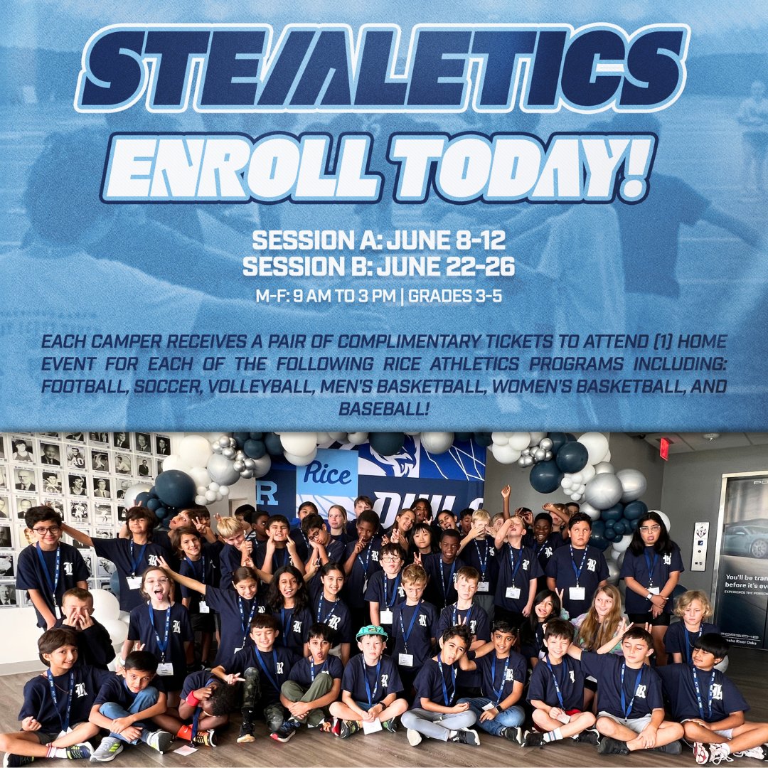 RiceU_STEM's tweet photo. ⚽🔬 Get ready to move, explore, and discover!

STEM-Letics at @RiceUniversity is gearing up for Summer 2026—combining hands-on STEM exploration with high-energy athletics for students in grades 3–5!

📅 Week A: June 8–12
📅 Week B: June 22–26

Spots are filling fast—secure your place today: https://t.co/LuJ0ZPG2At
#RSTEM #ImpactingFutures