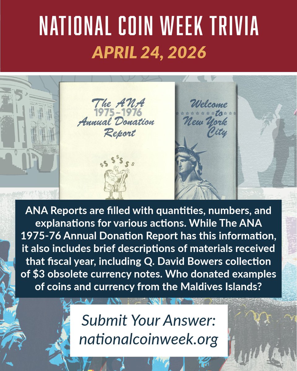 ANACoins's tweet image. National Coin Week Daily Trivia! ✨ April 24, 2026

Submit your answer &amp;amp; see yesterday's at: bit.ly/3OYHt9R

Thanks to our 2026 National Coin Week Sponsor Osborne Mint! 

#NationalCoinWeek #CoinCollecting #CoinTrivia #America250