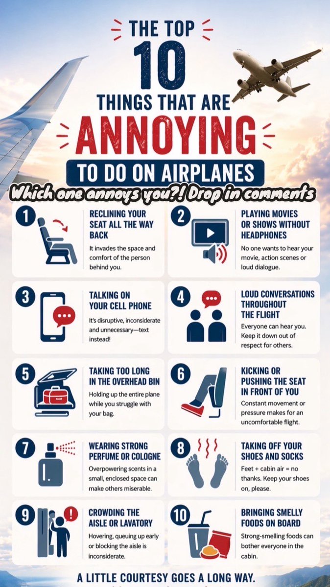 TalkShow2025's tweet image. ✈️ PSA: Don’t be THAT passenger 😳

Seat all the way back ✔️
No headphones ✔️
Bare feet ✔️

We’ve all seen it… and survived it 😂

Flying soon? Save this list before your next trip 👀
👇 What’s the WORST one?

#TravelTips #AirplaneEtiquette #FlyingProblems