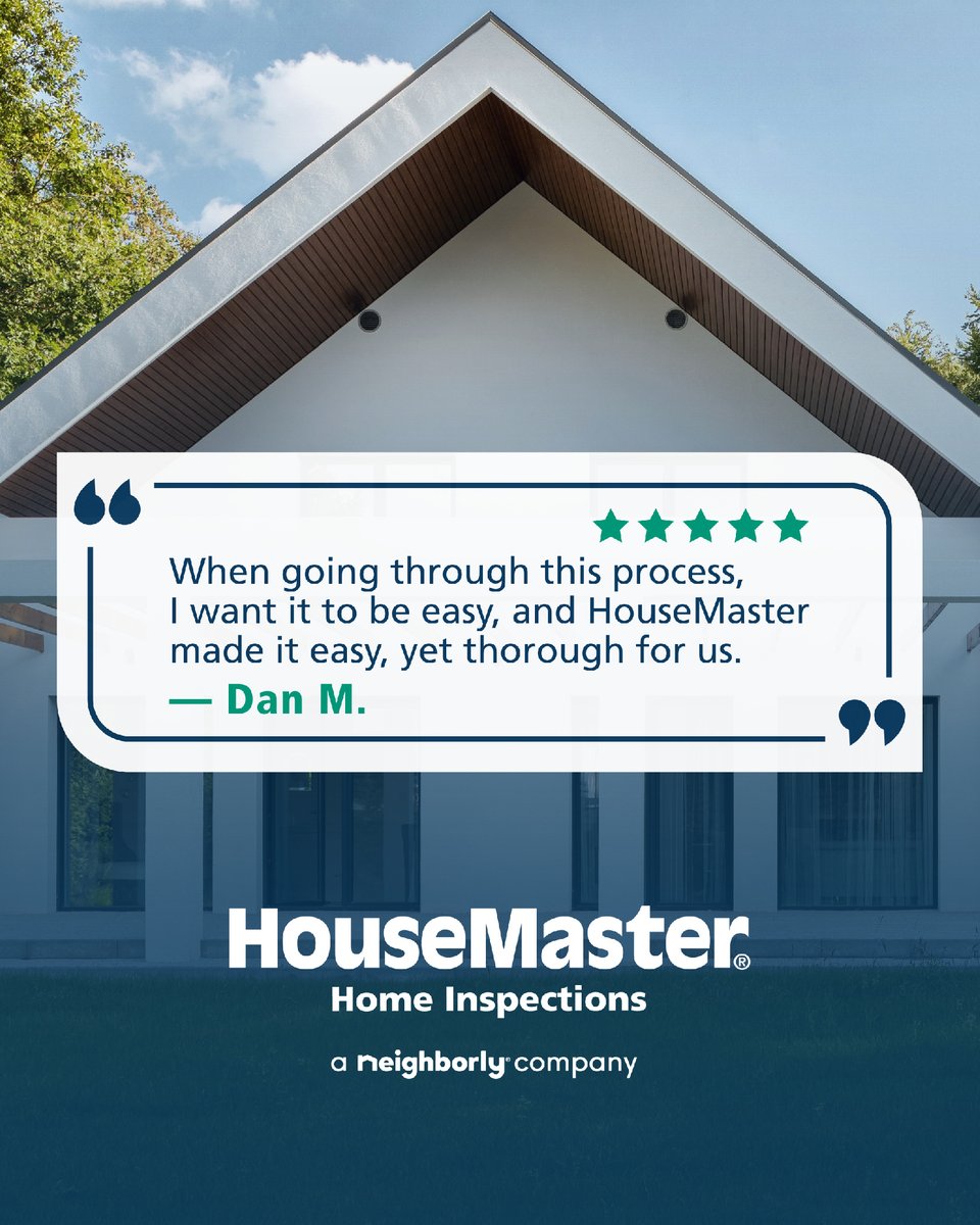 HouseMaster's tweet photo. Five star feedback means a lot, especially when it speaks to both professionalism and ease. ⭐⭐⭐⭐⭐

At HouseMaster® we make the process “easy, yet thorough” for our customers. That balance matters during important decisions.

#HouseMaster #Neighborly #HomeInspection... https://t.co/u1oykLCUOP