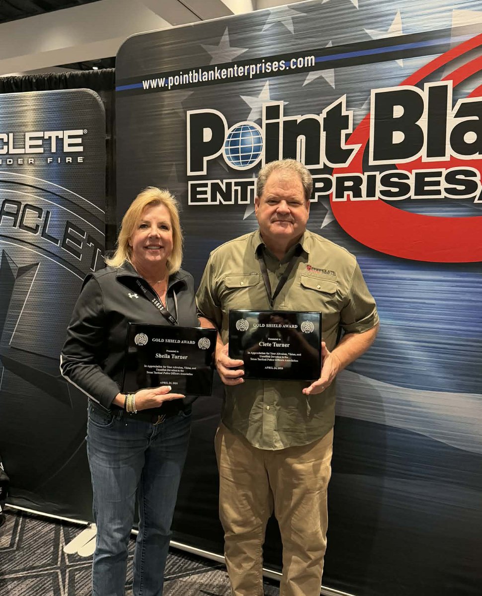 PointBlankArmor's tweet photo. We are so proud of Point Blank representatives Sheila and Clete Turner.  With over 2 decades of dedicated service to the law enforcement community, their commitment to Officer safety was honored at the Texas Tactical Police Officers Association (TTPOA) Conference. https://t.co/PtsZu4IgqU