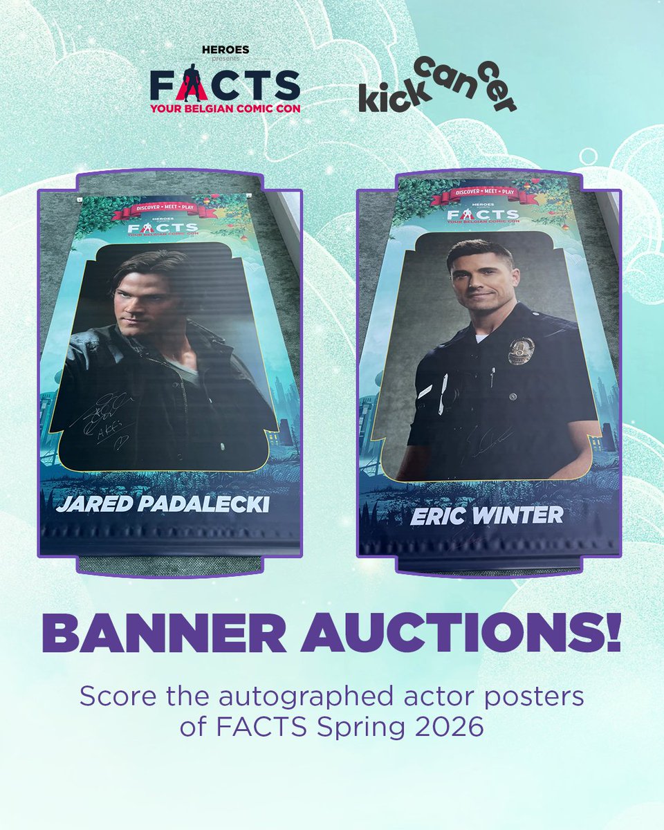 FACTSConvention's tweet image. 😍 #Charity banner auctions: Score the autographed actor posters of FACTS Spring 2026!
Bid on our online shop heroesbelgiumstore.myshopify.com or via #LinkInBio
---
Support the @kickcancerbelgium foundation AND score a unique 1.5m x 3m PVC banner.

Time to grab this opportunity!