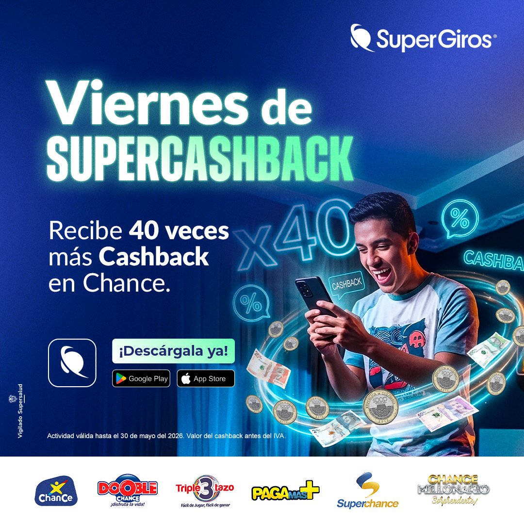 SuperGIROS_'s tweet image. Solo por #HOY en la App SuperGiros: #Viernes de SUPERCASHBACK.

Recibe 40 veces más #Cashback por tus jugadas de Chance. 🎰 Recarga tu saldo de forma inteligente mientras juegas por tus sueños.

👉 Descarga la App y aprovecha este beneficio exclusivo de hoy.