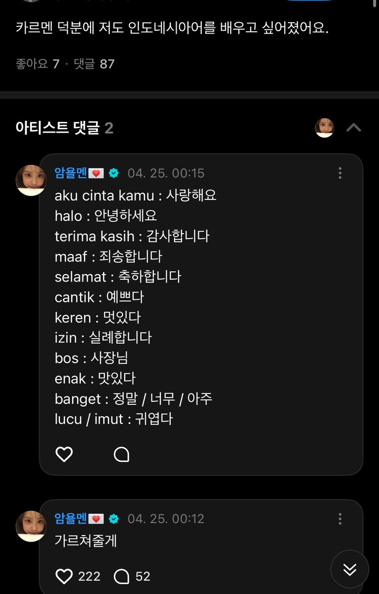 와 나진짜미치겠다 인도네시아어 가르쳐준다더니 3분만에 단어사전을만들어왓는데? 아진짜 너무귀여워... 절대빈말안하는내귀요미...