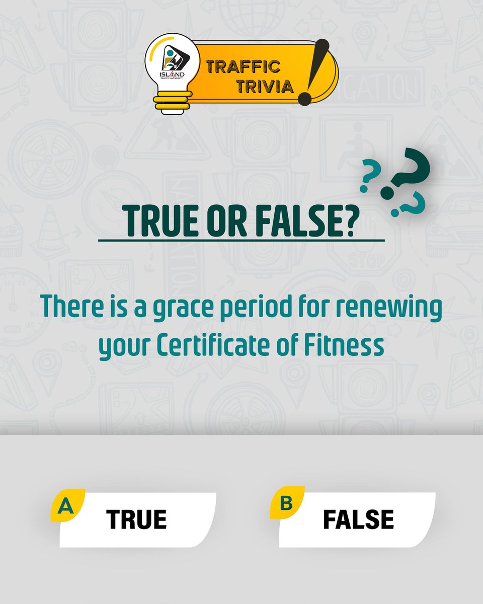 islandtrafficJA's tweet image. ITA Trivia Time! Today, we are testing your knowledge about the certificate of fitness. Do you know if the Certificate of Fitness has a grace period or not?

Drop your answers in the comments below! 

#ITATrivia #CertificateOfFitness #KnowledgeIsPower