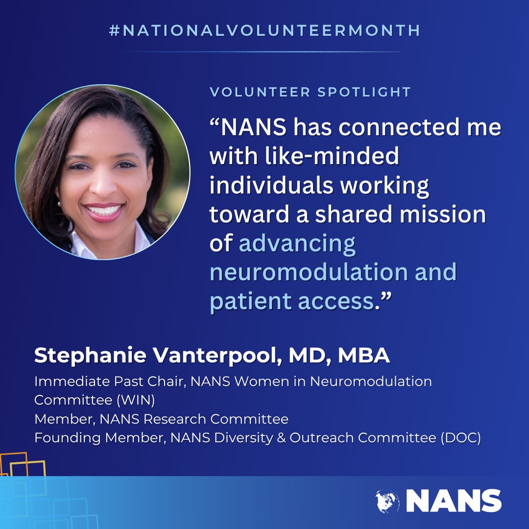 NANS_ION's tweet image. We’re celebrating @SVanterpoolMD this #NationalVolunteerMonth! 👏

Immediate Past Chair of WIN, founding member of the Diversity &amp;amp; Outreach Committee, &amp;amp; Research Committee member—her leadership continues to shape the future of #neuromodulation.

Thank you for all you do for NANS!