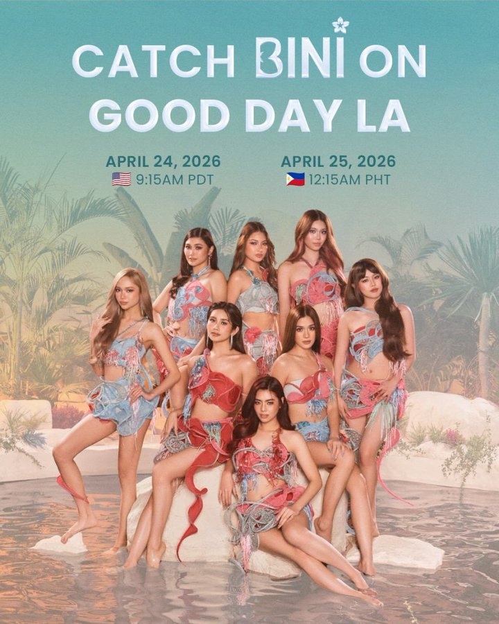 TEAMBLOOMPH's tweet photo. BINI on Good Day LA later! 

🇺🇸: April 24, 2026  |  9:15 AM PDT
🇵🇭: April 25, 2026  |  12:15 AM PHT

Watch them live here: 
https://t.co/fj3DgFIgKD 

BINI ON GOOD DAY LA

#GoodDayLAWithBINI #BINI_SignalsEP https://t.co/y8jlh6p9ZK