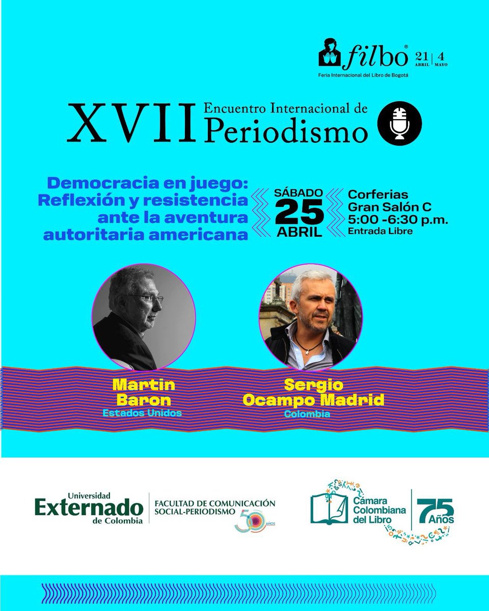 Mañana a las 5 pm en el Gran Salón C de <a href="/CorferiasBogota/">Corferias</a>, Sergio Ocampo Madrid <a href="/ocamposer/">Sergio Ocampo Madrid</a> conversa con <a href="/MartinBaron/">Martin Baron</a> ex director del <a href="/washingtonpost/">The Washington Post</a> y el <a href="/BostonGlobe/">The Boston Globe</a> en el marco de la <a href="/FILBogota/">FeriadelLibroBogotá</a> <a href="/BogotaET/">EL TIEMPO Bogotá</a> <a href="/elespectador/">El Espectador</a> <a href="/larepublica_co/">Diario La República</a> <a href="/FCEColombia/">Fondo de Cultura Económica - Colombia</a>