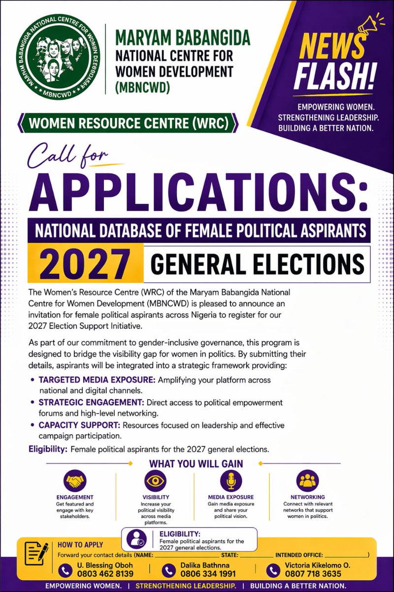 MBNCWD's tweet photo. The WRC of the MBNCWD invites female political aspirants across Nigeria to register for its 2027 Election Support Initiative.

Published by: Victoria Kike O.
Ass Media (WRC)
#UNWomen #OfficialAPCNg #OfficialPDPNig #NgLabour #NNPPnational @OfficialADCNG #YPPNational @officialsdpng https://t.co/HgY6O9i3Lu