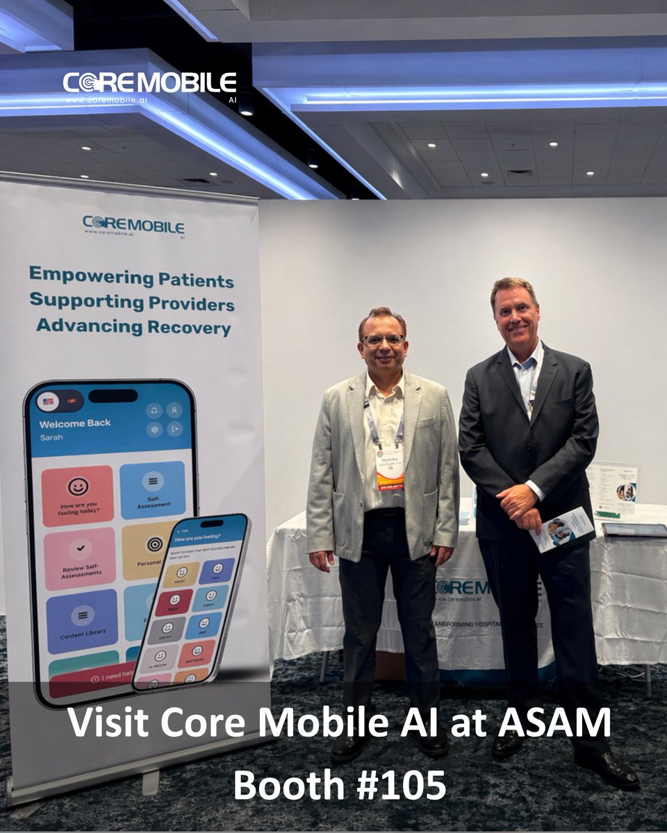 Core Mobile is at the <a href="/ASAMorg/">ASAM</a> Annual Conference this week!  Visit us at Booth #105 to see how Core Mobile AI is helping addiction medicine &amp; behavioral health teams manage the full lifecycle of care.  
#ASAM #AddictionMedicine #BehavioralHealth #DigitalHealth #HealthIT