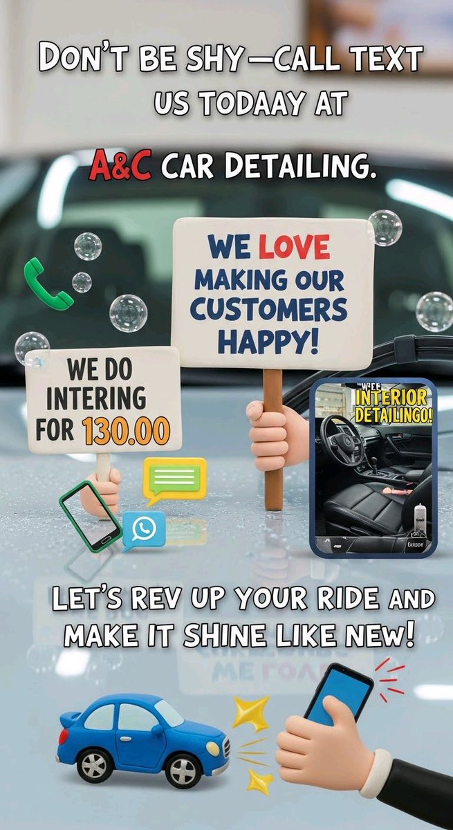 AndDetailing234's tweet photo. We love making our customers happy! 📞💕 Don't be shy—call or text  us today at A&amp;C Car Detailing. We do interior detailing for 130.00 Let's rev up your ride and make it shine like new! 🚗✨ #CarDetailing #CustomerSatisfaction #ShineOn https://t.co/1BRBgVG4Me