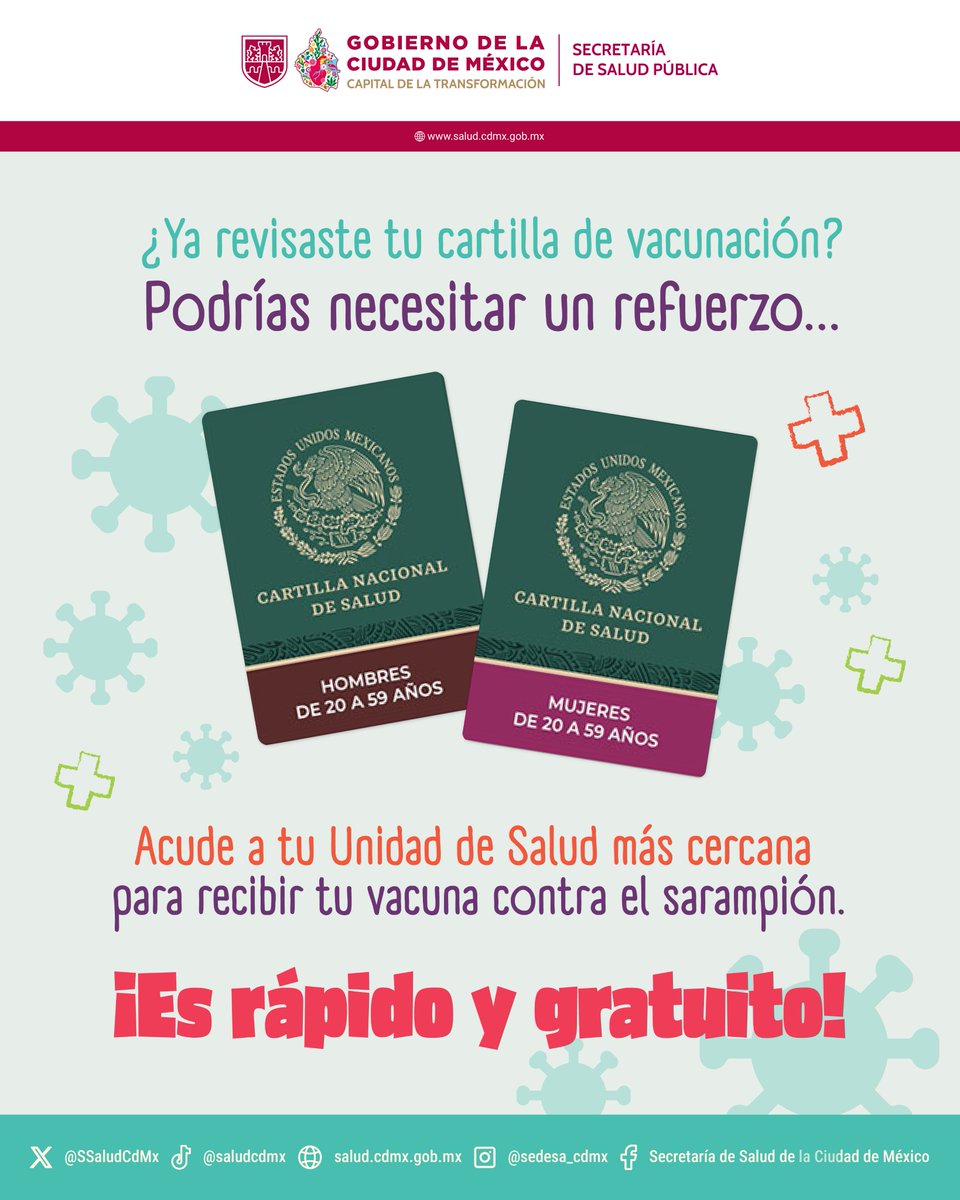 SSaludCdMx's tweet image. 💉🏥 Si aún no recibes tu vacuna contra el sarampión, acude a tu Unidad de Salud más cercana por tu dosis.

🤩 Recuerda que la vacuna es gratuita y segura.

🙌 Vacunándote, ¡juntas y juntos nos protegemos!

#VacunaSarampión #YoMeVacuno #Prevención