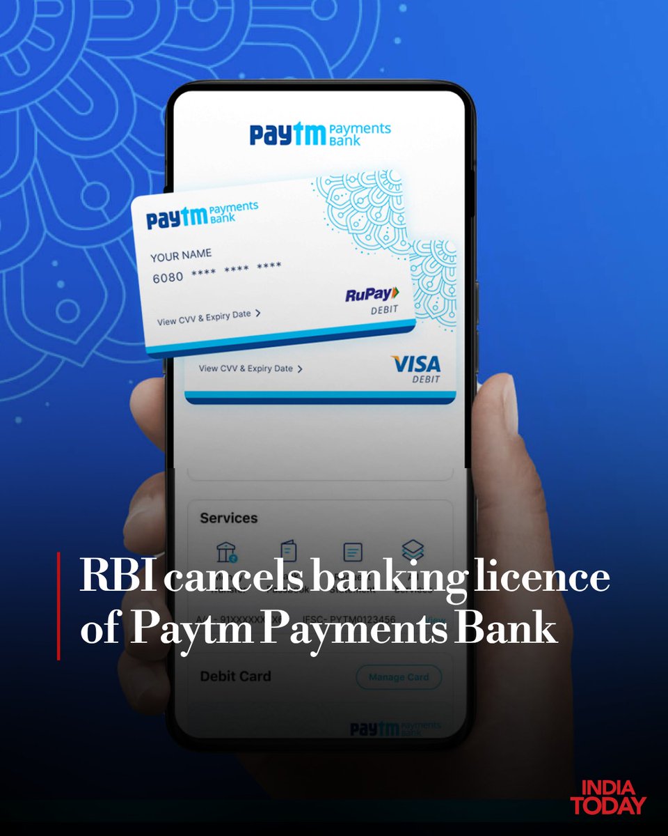IndiaToday's tweet image. The Reserve Bank of India on Thursday cancelled the banking licence of Paytm Payments Bank Limited, bringing an abrupt end to one of India’s most high-profile payments bank experiments.

#RBI #PaytmPaymentsBank #Paytm #BankingNews #Fintech #IndiaEconomy #Regulation #FinancialNews