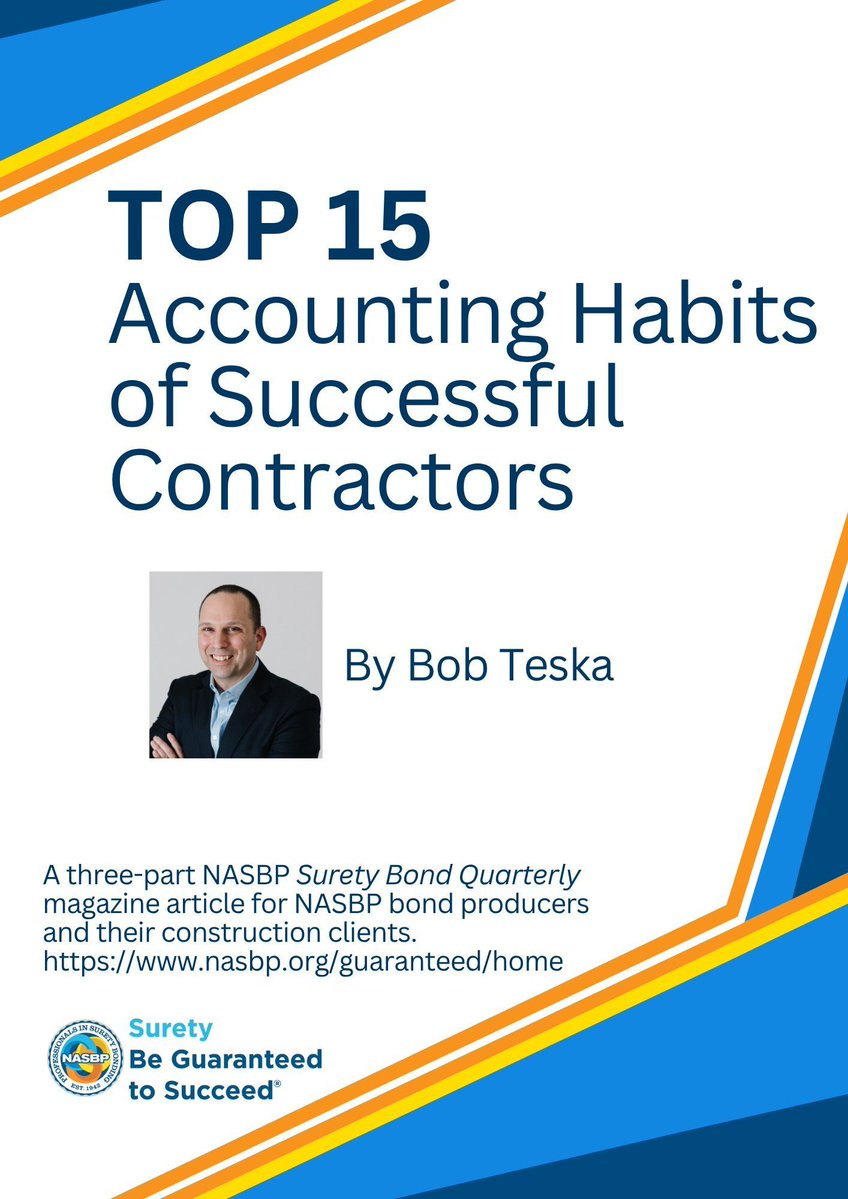nasbp's tweet image. Share #NASBP Publication “Top 15 Accounting Habits of Successful Contractors” to help contractor clients grow their business &amp;amp; see the #surety bond producer and underwriter as trusted advisors. It's in NASBP Producer Communications Toolkit 2.0 buff.ly/pSvfmLO