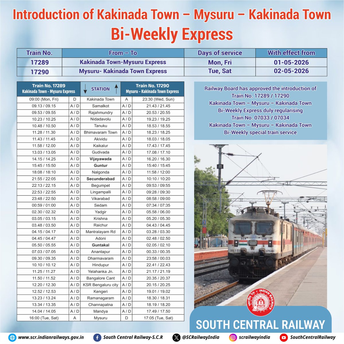 SCRailwayIndia's tweet image. 🚆 New Connectivity Alert!

Introducing the #Kakinada Town – #Mysuru – Kakinada Town Bi-Weekly Express (Train Nos. 17289/17290), enhancing seamless travel across Andhra Pradesh, Telangana, and Karnataka.

Plan your journey and experience smoother travel with Indian Railways! 🇮🇳