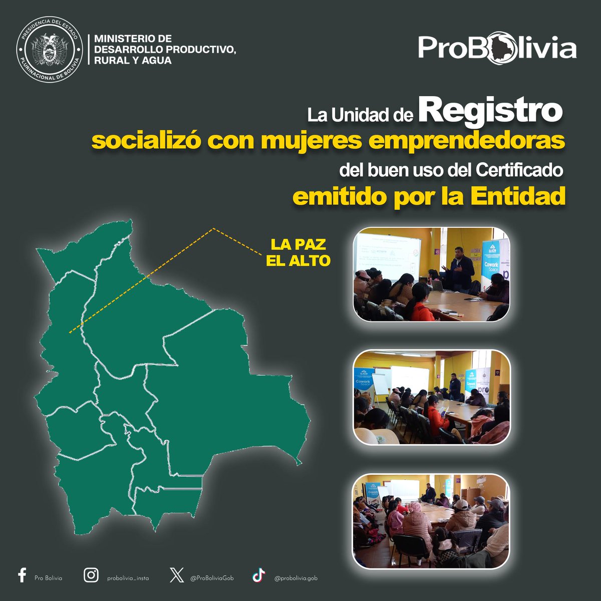 ProBoliviaGob's tweet photo. PRO-BOLIVIA, a través de su Unidad de Registro, llevó a cabo una jornada de socialización sobre los beneficios de obtener el Certificado emitido por la entidad. En esta ocasión, destacamos la participación activa de mujeres emprendedoras de la ciudad de El Alto.
#SiempreBolivia https://t.co/aYEeXgvTb0