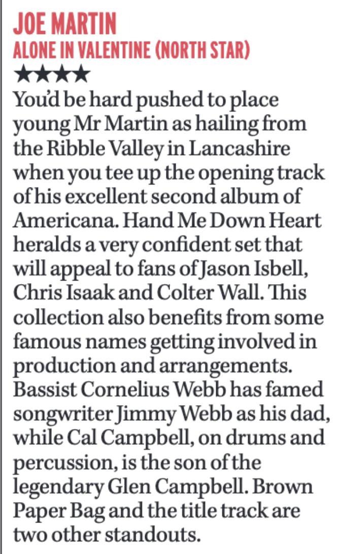 BevCool's tweet photo. @TheAMAUK 
Great revues coming through for Joe Martin Music 
“Alone in Valentine”
New album release and tour 
Daily Express today 🔥🎶👌

Also live footage at Kinross and in Nashville Studio 

https://t.co/G4HjPGP0UV

https://t.co/QNWRBIhCMn https://t.co/IZBXdqgGHD