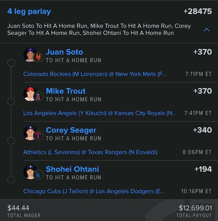 FlareGotLocks's tweet photo. FREE $44.44 → $12,699.01 HR PARLAY 👇🏽

+28475 odds. Four bombs incoming.

💣 Juan Soto 
💣 Mike Trout 
💣 Corey Seager 
💣 Shohei Ohtani

Like + RT. If this cashes I'm dropping $100 to 4 of y'all tonight.

Want every play? Premium $9.99 👇🏽 https://t.co/wueGA0hnXz
LFG 🚀 https://t.co/e353VcLVBb