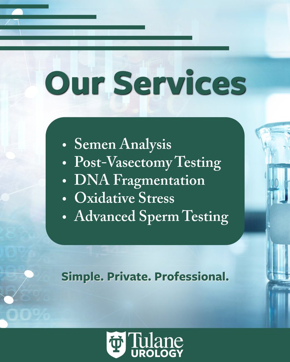TulaneUrology's tweet image. Take Care of Your Health!

Tulane Urology offers advanced, confidential male fertility testing through our Andrology Services Laboratory.

Learn more or schedule: 

tulaneurology.com/andrology-serv…

📞 504-988-5179

#TulaneUrology #MensHealth #FertilityTesting #Andrology