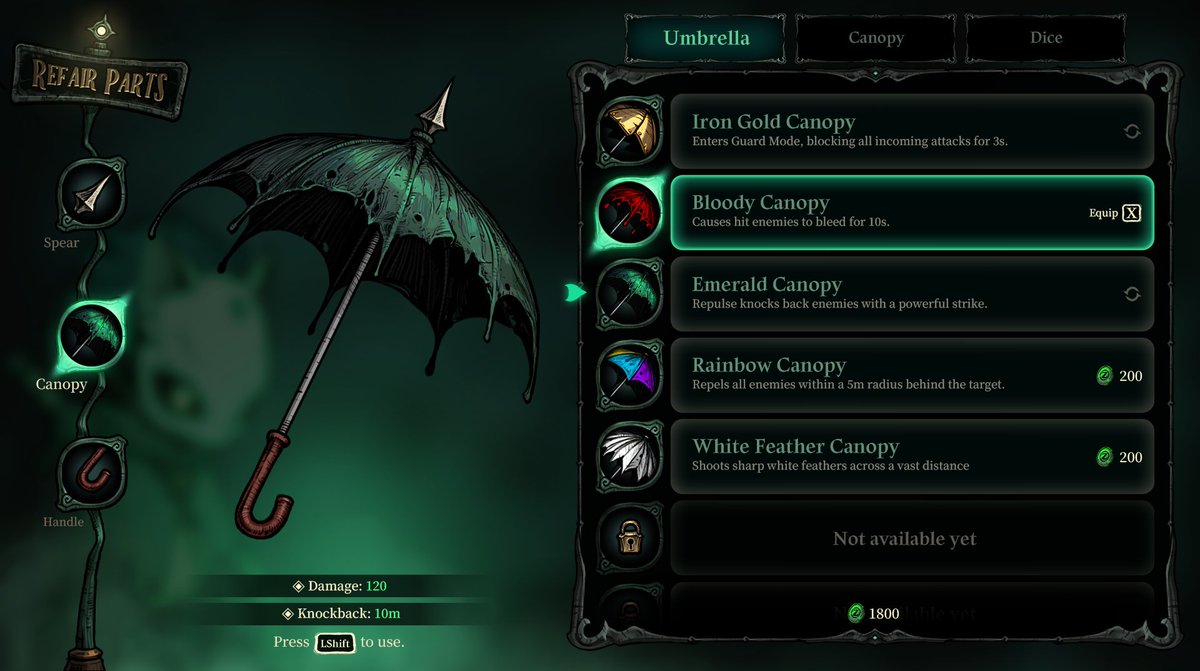 OzAshborne's tweet image. WID: Repair Room UI.
Repairing umbrella parts unlocks completely new attack styles!
#indiegame #gameui