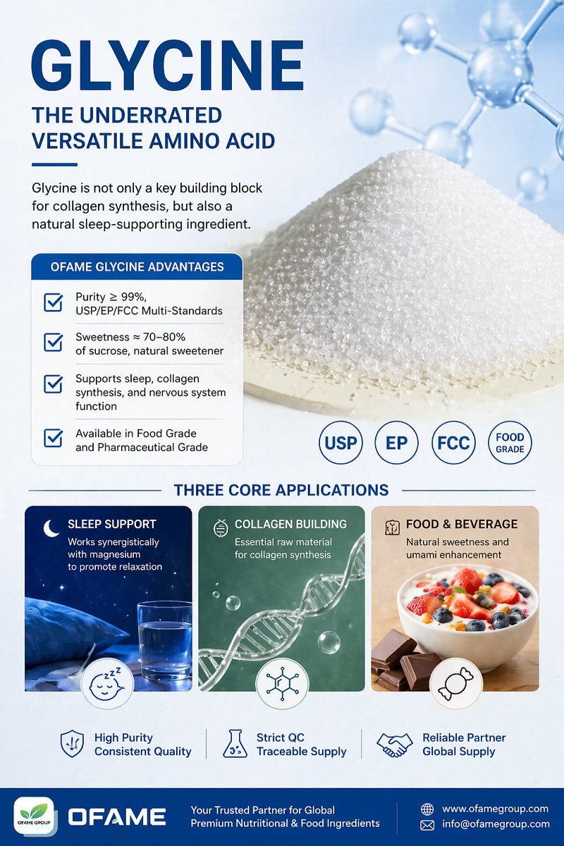 OFAMEGROUP's tweet image. Better sleep formulas start with better ingredients.
✔ Glycine (≥99% purity)
✔ Magnesium Bisglycinate (high absorption)
Perfect for:
💤 Sleep 🏃 Recovery 👩 Women’s health
Formulation
Mg Bisglycinate + Glycine = Double relaxation
#Nutraceuticals #Magnesium #Glycine #Supplement