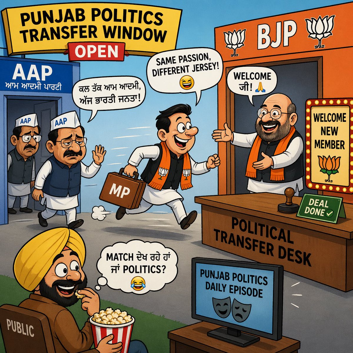 IshantSunaria's tweet image. Aaj Punjab politics ka “transfer window” full active hai 😄

Kal tak Aam Aadmi Party, aaj Bharatiya Janata Party—
Netas be like: “Same passion, different jersey!” 🏏😂

Public: match dekh rahe hain ya politics? 🍿

#PunjabPolitics #JustForFun