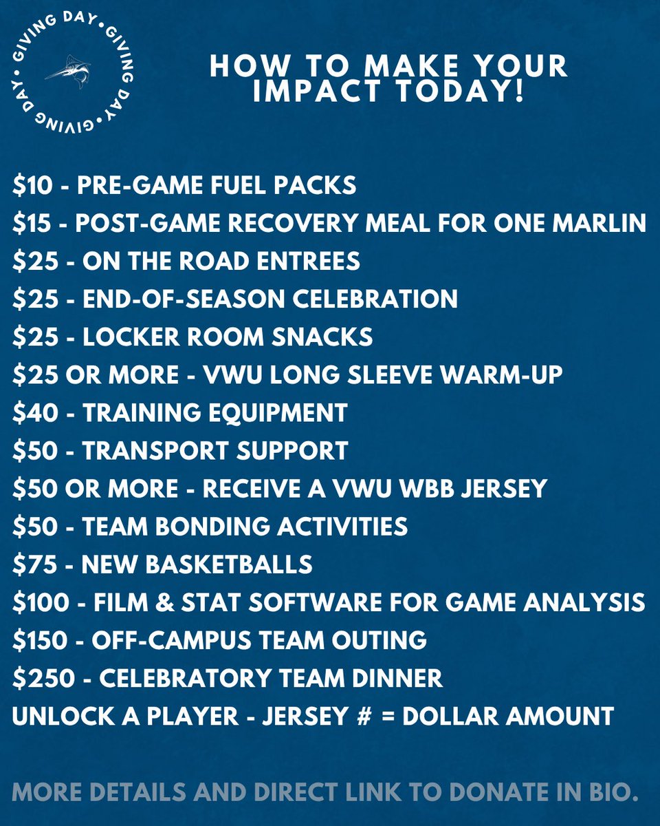 marlinswbb's tweet image. TODAY IS THE DAY! Swipe to see how you can make your impact today until 11:59pm. LINK IN BIO. 🎁💙

#finsup #gomarlins #vwuwbb #gdtbam