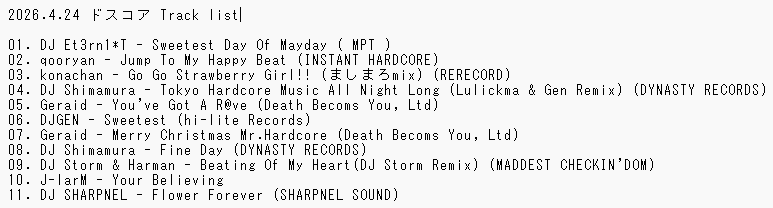#ドスコア
ありがとうございました！！！！セトリと音源と使用したレーベルを公開します！！！！！！！！
ほぼ国産のハッピーハードコアで固めたのでぜひdigってみてね！！！！！！

ハッピーハードコアはいいぞ

soundcloud.com/tfk_exp/domest…